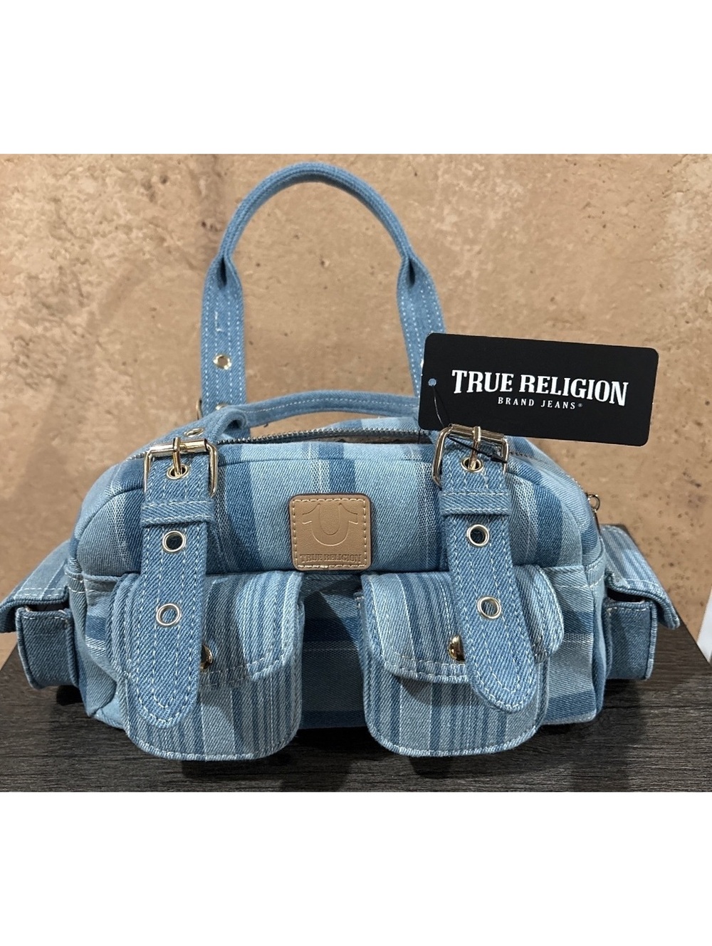 True Religion Denim Striped Mini Handbag with Front Buckle Pockets